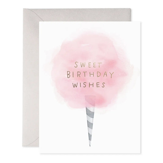 Greeting card with pink cotton candy design and 'Sweet Birthday Wishes' text on a white background.