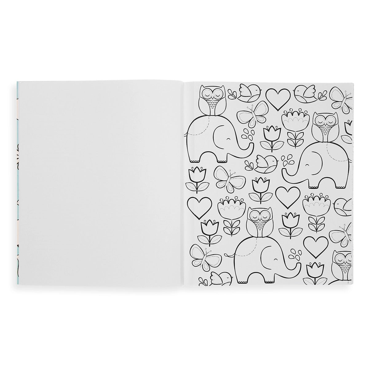 Coloring book page with elephants, owls, and flowers