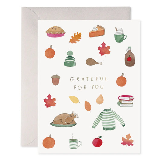 Greeting card with autumn-themed illustrations and 'Grateful For You' text.