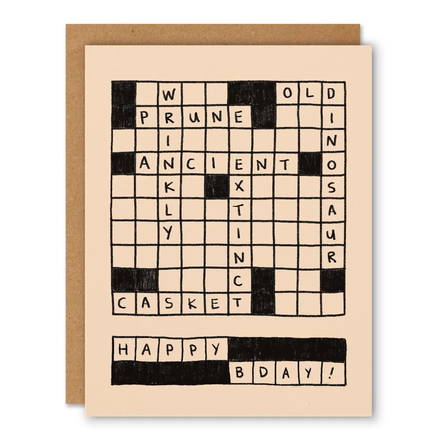 Greeting card with crossword-style birthday message on beige background