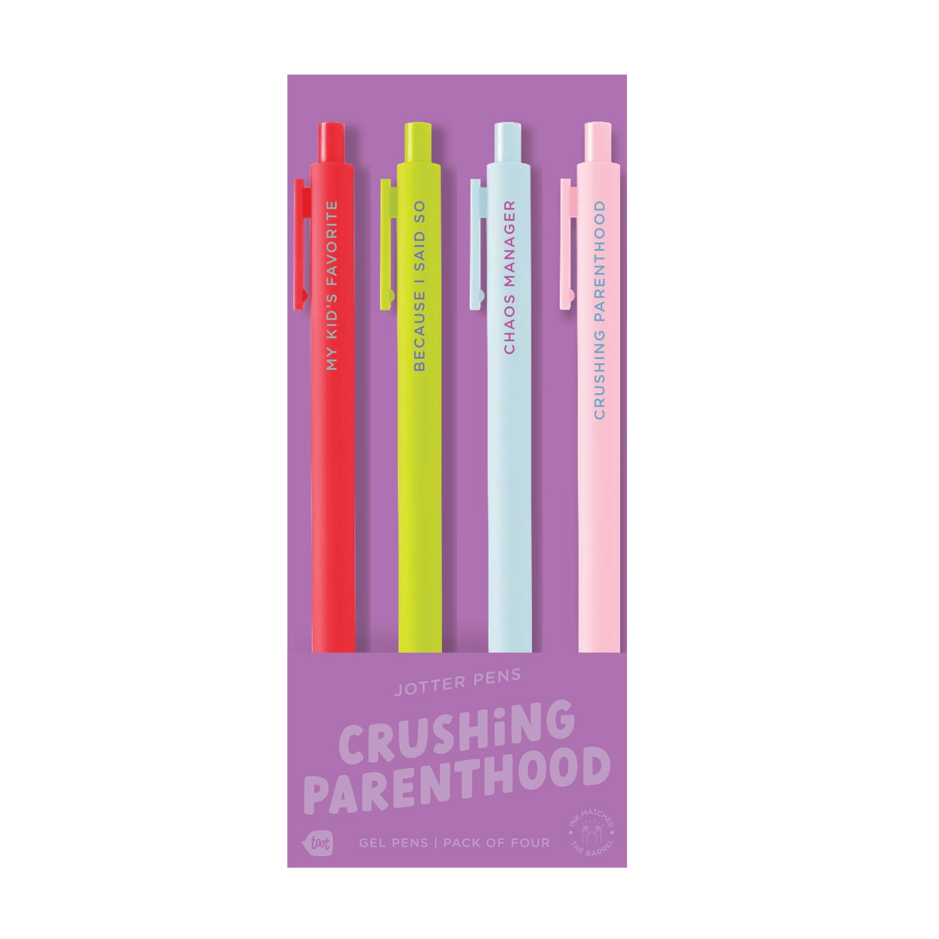 Set of four colorful pens in purple packaging