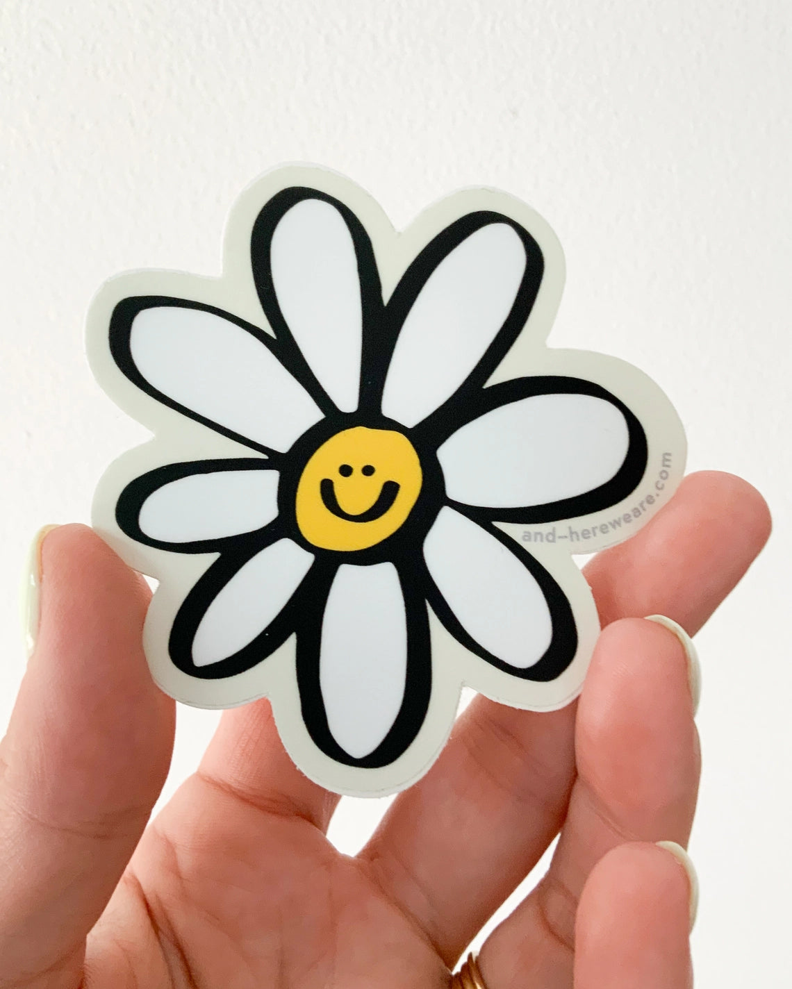 Hand holding daisy sticker 