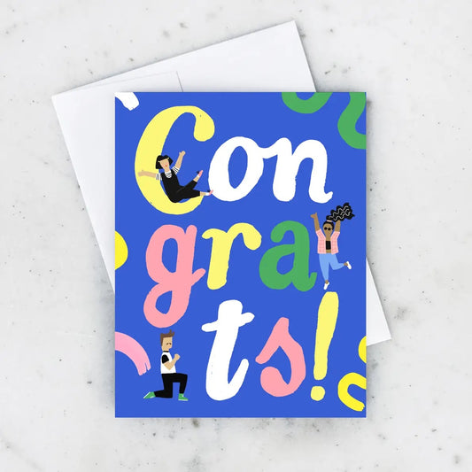 White card with blue background. Multicolor bubble lettering spells out "congrats." Three illustrations of people dancing. 