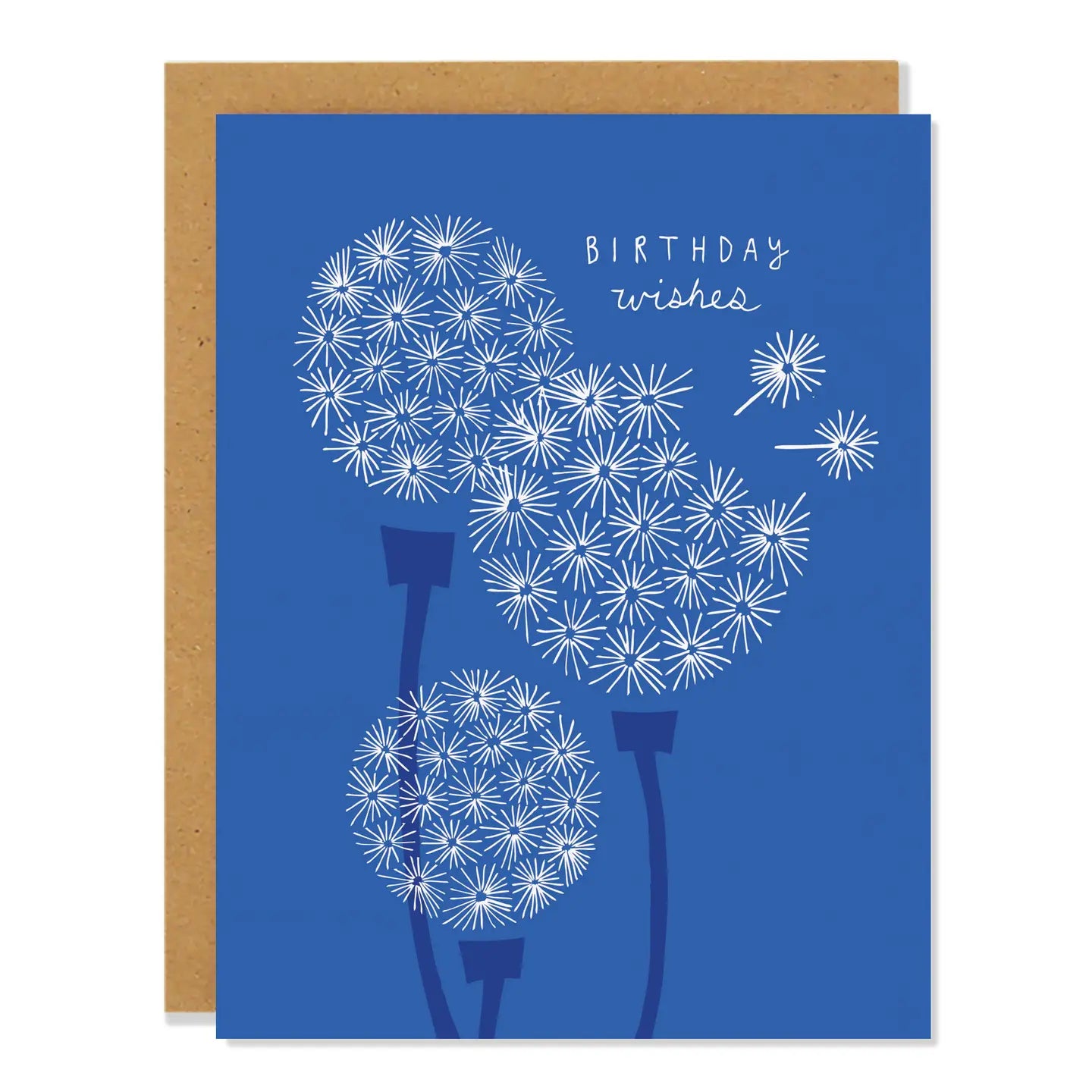 Greeting card with dandelion illustration and white 'Birthday Wishes' text on a blue background