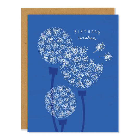 Greeting card with dandelion illustration and white 'Birthday Wishes' text on a blue background