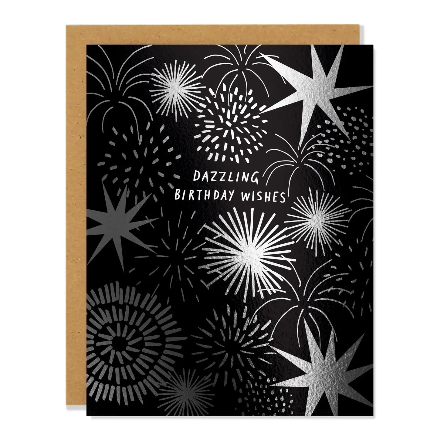 Greeting card with black and white fireworks design and 'Dazzling Birthday Wishes' text.