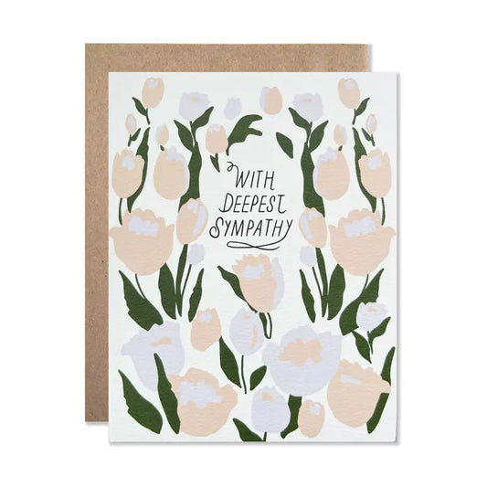 Sympathy card with tulip design and 'With Deepest Sympathy' text on a white background.