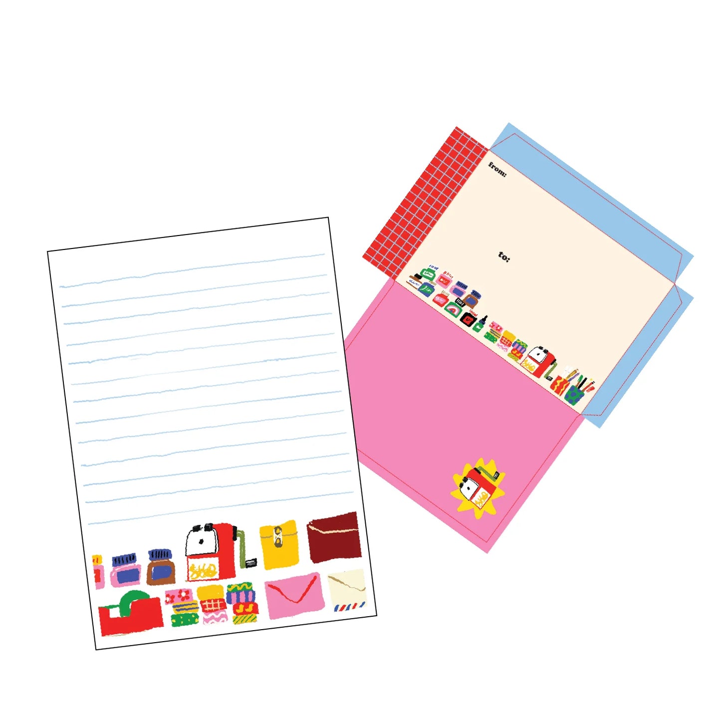 Letter writing set with a lined page with a stationery product bottom border and a colorful envelope 