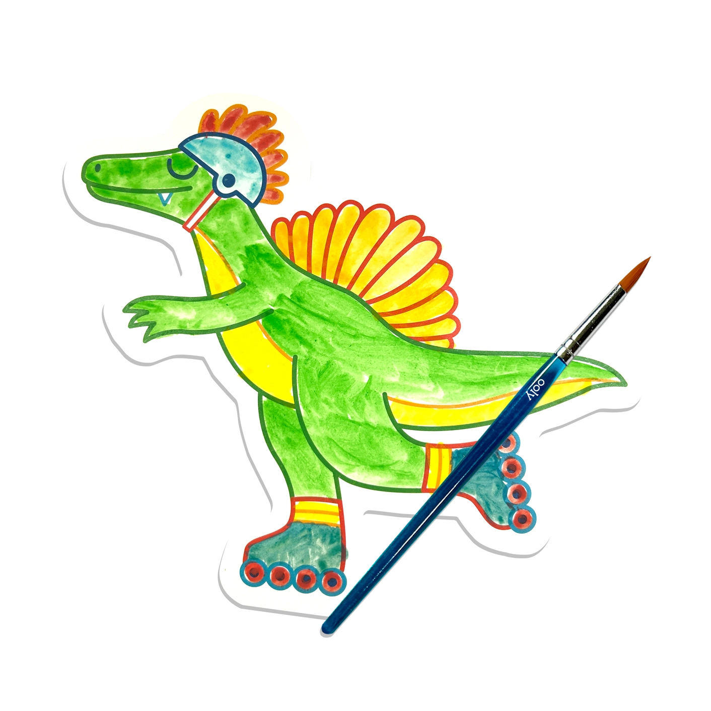 Colorful dinosaur illustration with a paintbrush on a white background