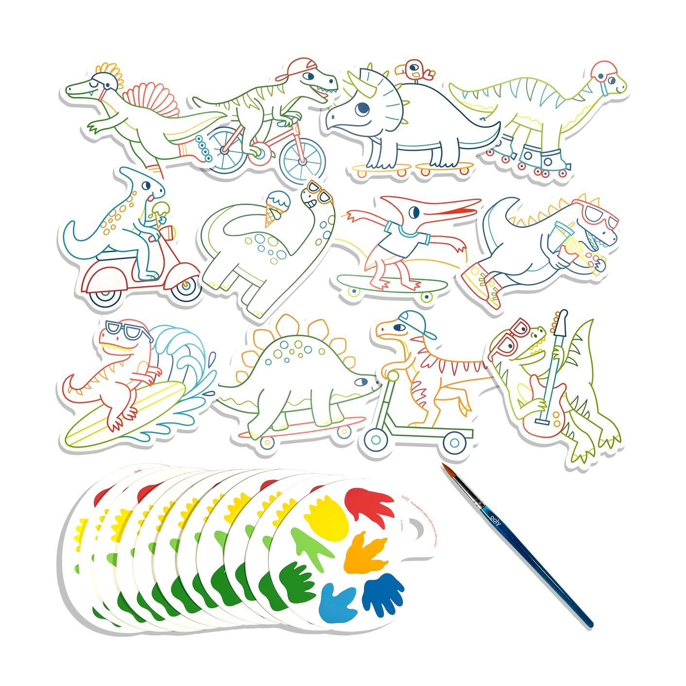 Colorful dinosaur illustrations with a paintbrush and paint palettes on a white background