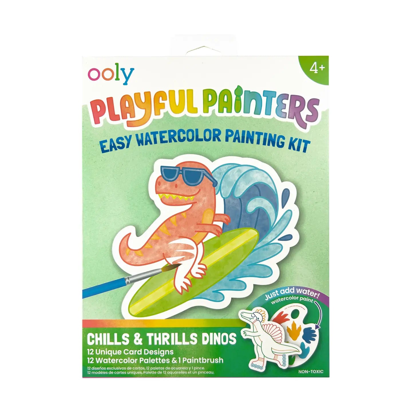 Ooly Playful Painters Easy Watercolor Painting Kit packaging with a dinosaur on a surfboard design.