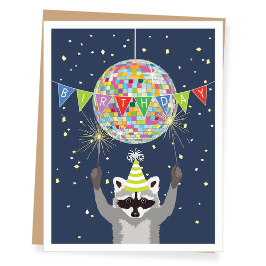 Birthday card with a raccoon holding a disco ball with a 'Birthday' banner
