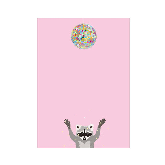 Pink notepad with illustration of a disco ball and a raccoon 