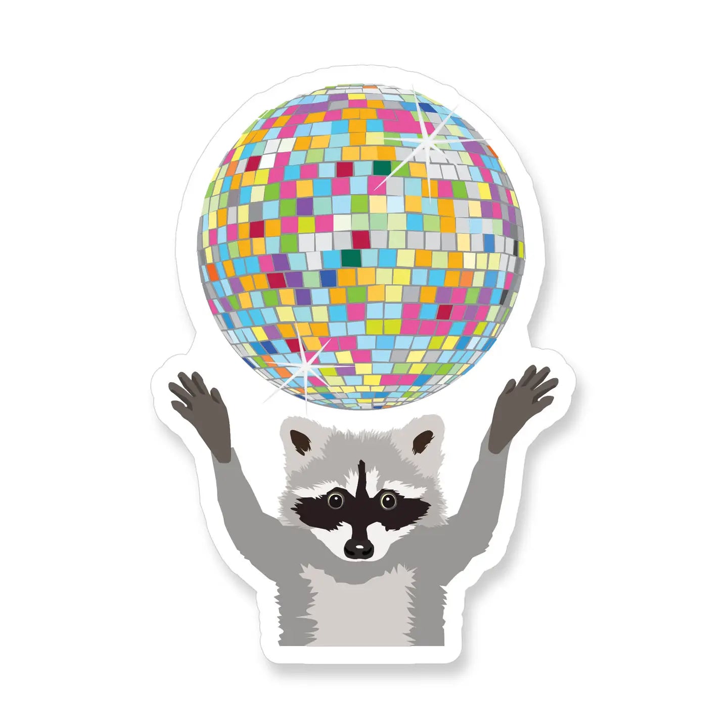 Die-cut sticker of a raccoon under a colorful disco ball