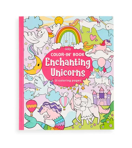 Coloring book titled 'Enchanting Unicorns' with colorful unicorn illustrations on a white background.