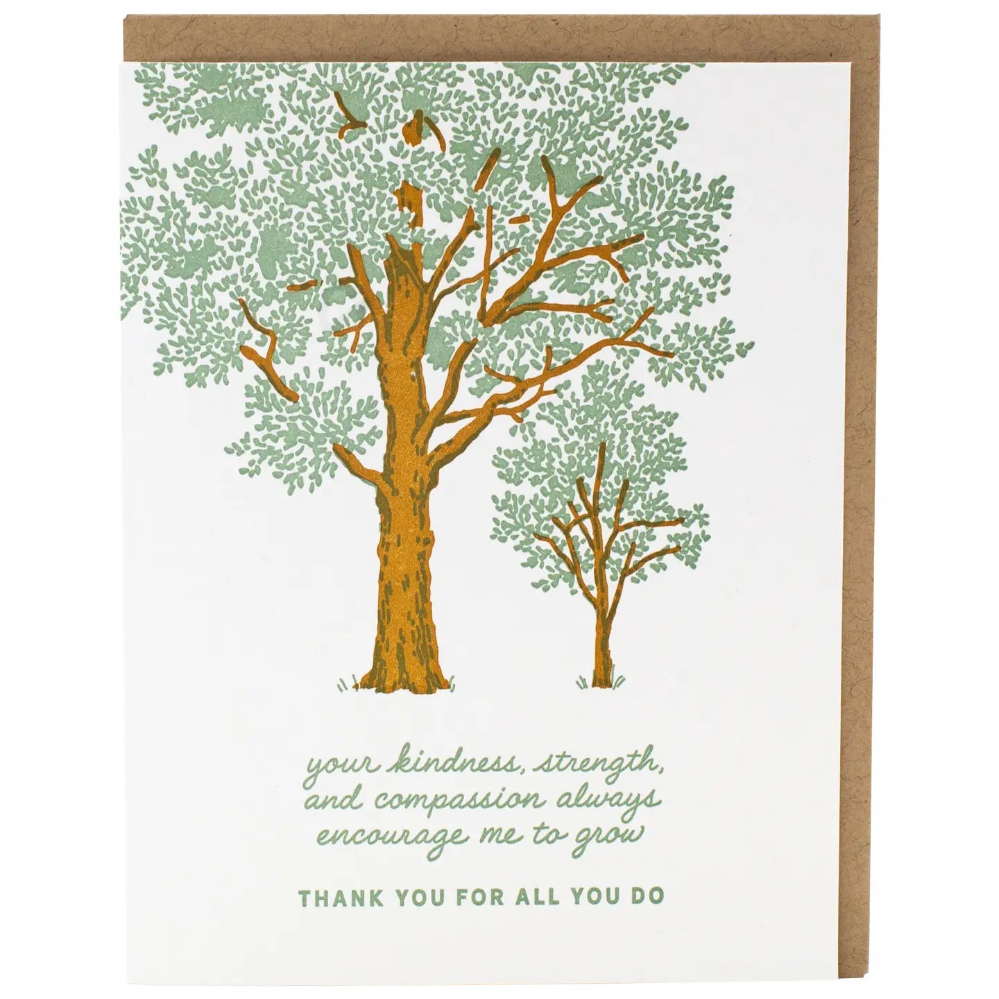 White greeting card with illustration of trees and green text 