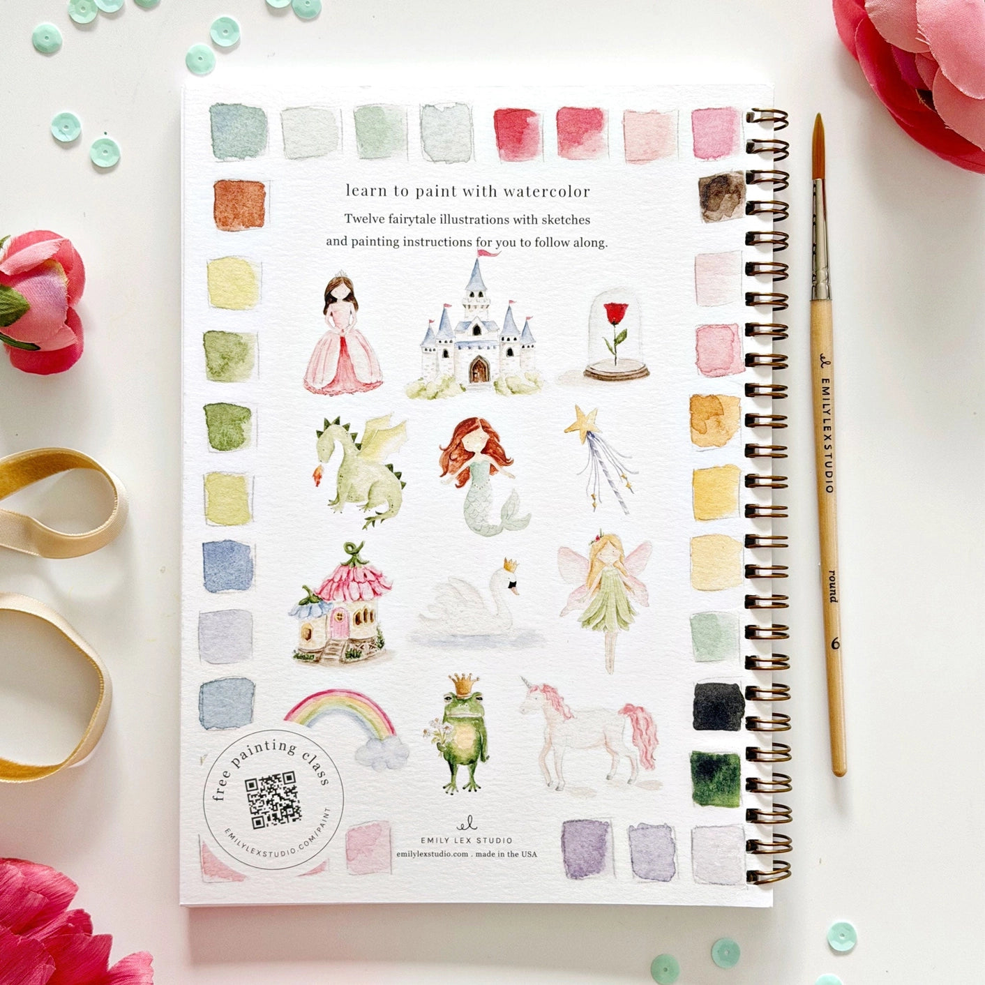 Back cover of a fairytale watercolor workbook 