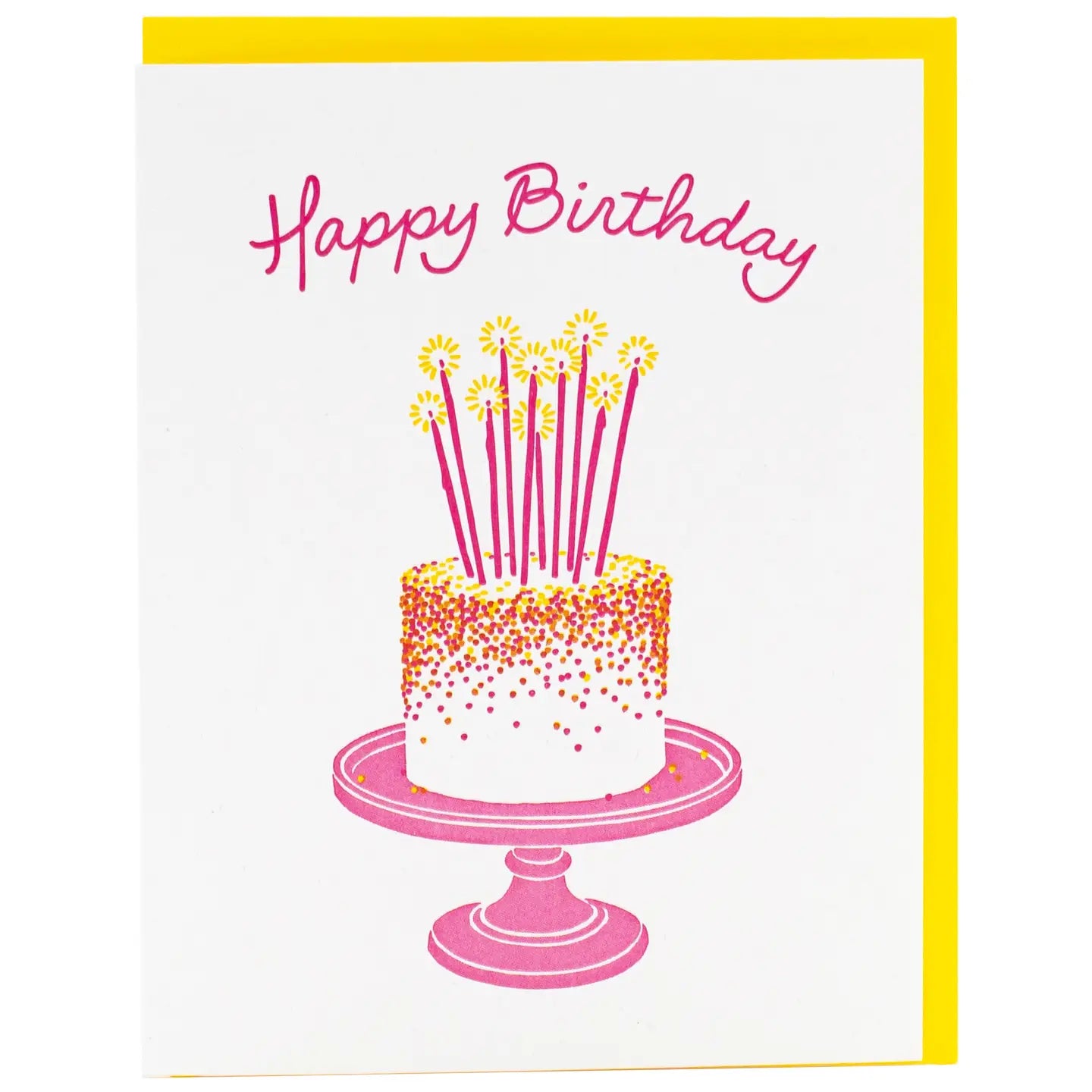 White greeting card with a pink, yellow, and white cake illustration. Pink text: happy birthday