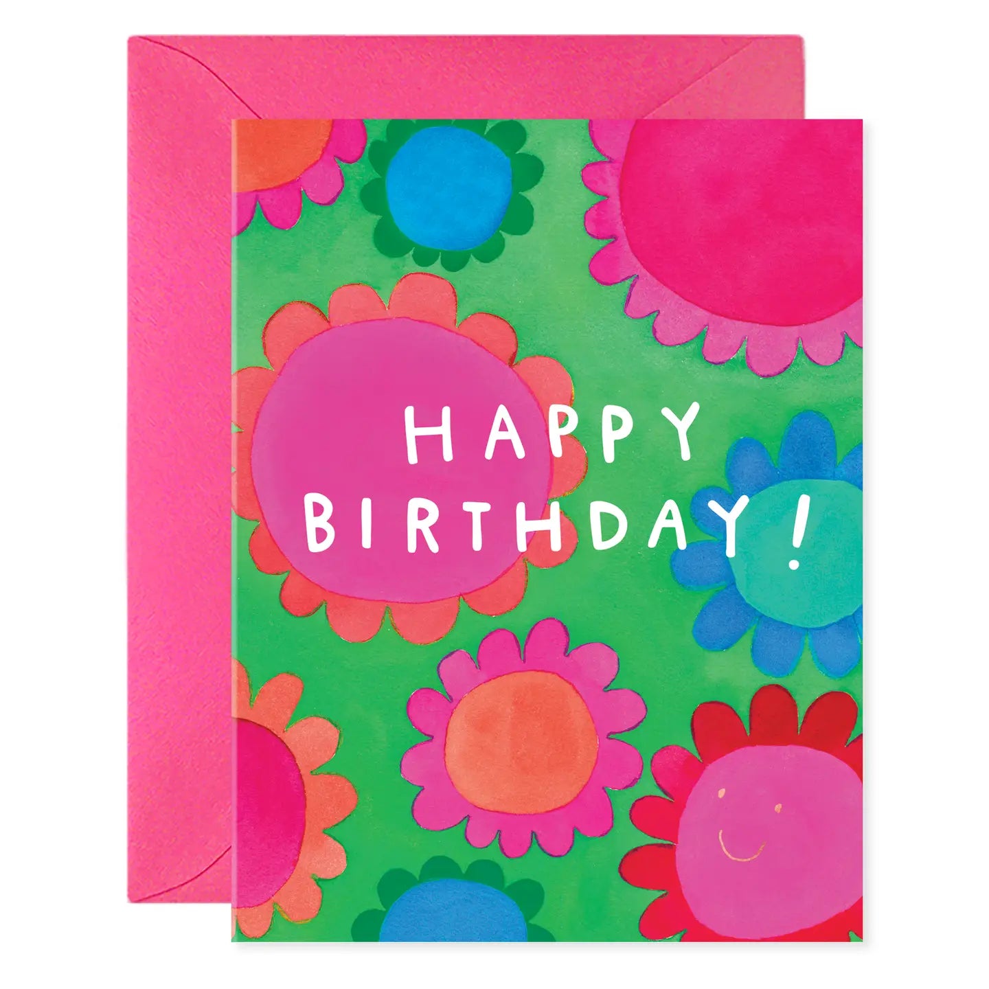 Birthday card with colorful flower illustrations. White text: happy birthday! 