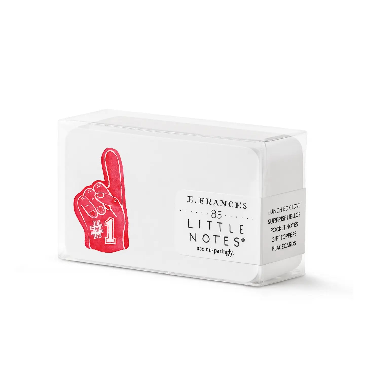 Box of small white notecards with a red foam finger design