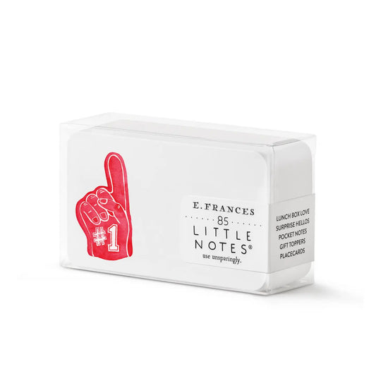 Box of small white notecards with a red foam finger design