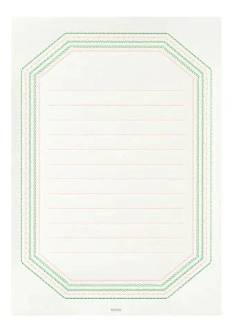 Sheet of lined paper with decorative pink and green border on a white background