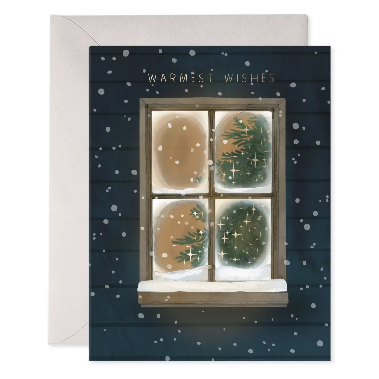 Holiday card with a window view of a snowy night and 'Warmest Wishes' text.