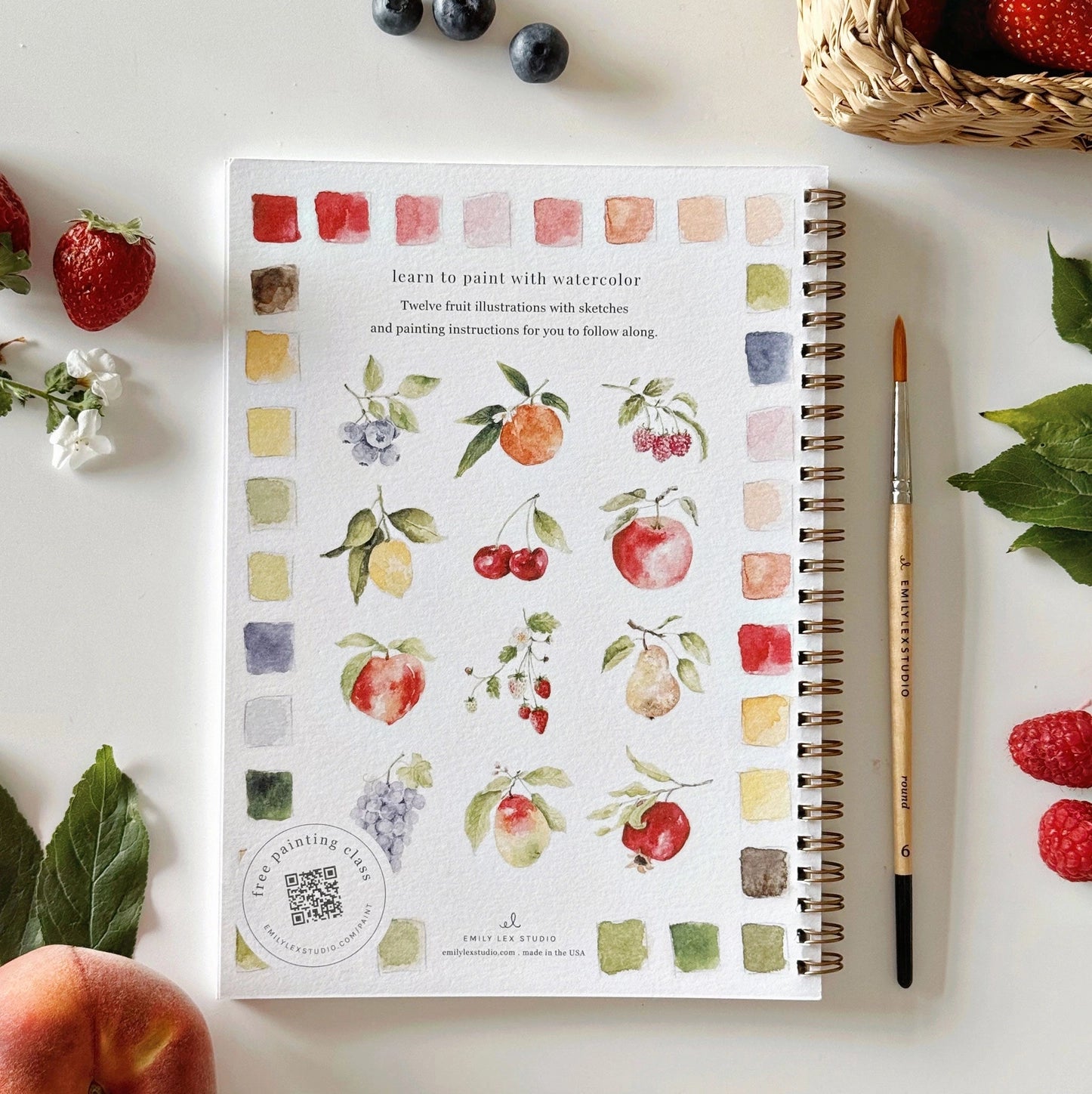 Back cover of fruit themed watercolor workbook 