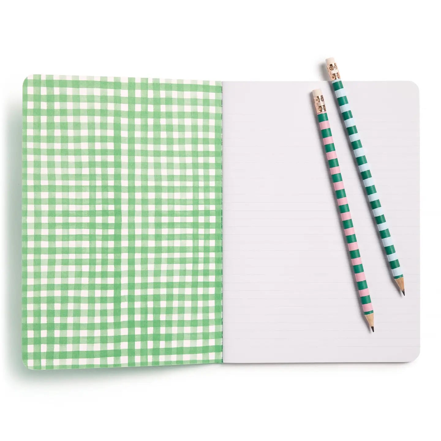 Open notebook with green checkered inside cover, lined pages, and two striped pencils