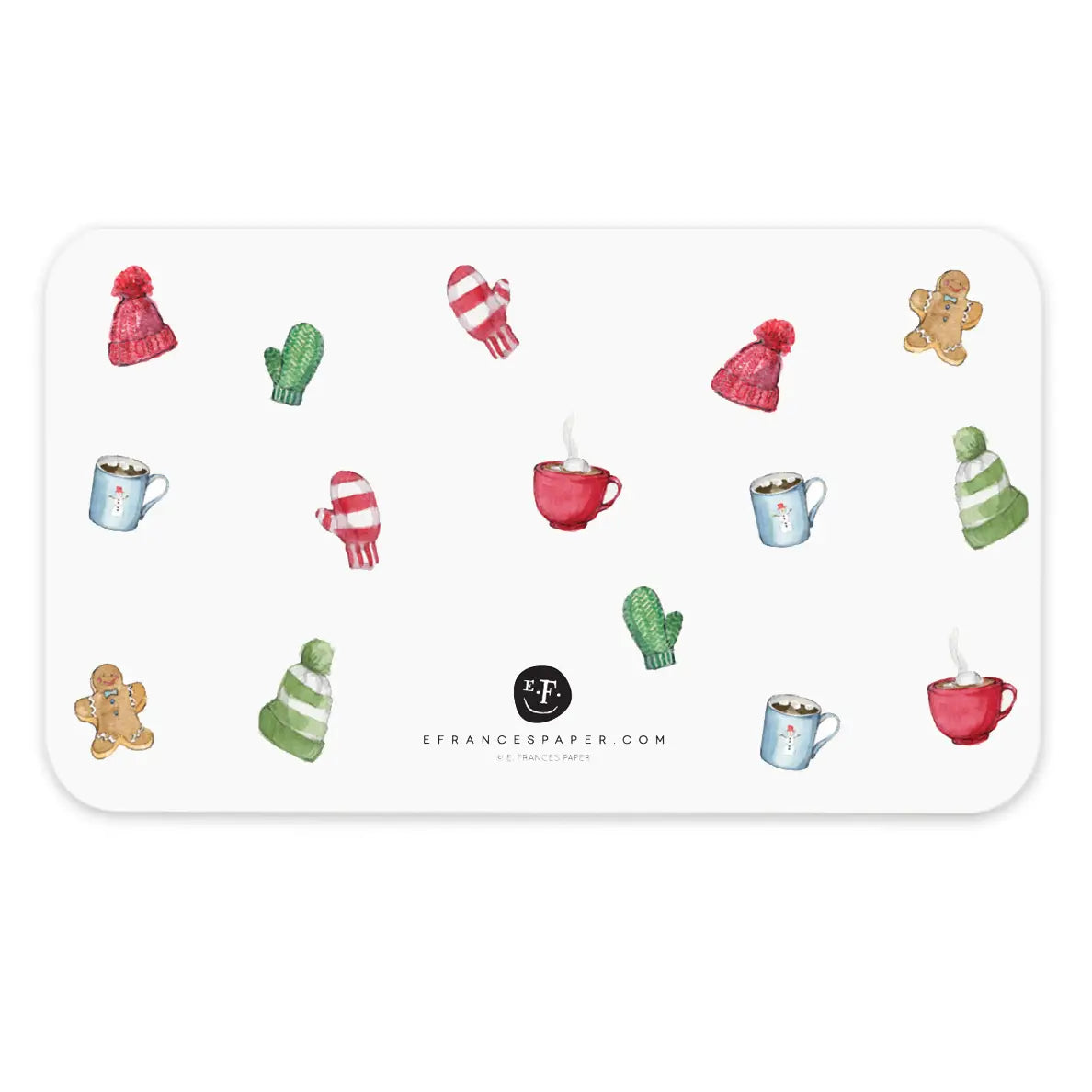 Back of little note card featuring winter illustrations 