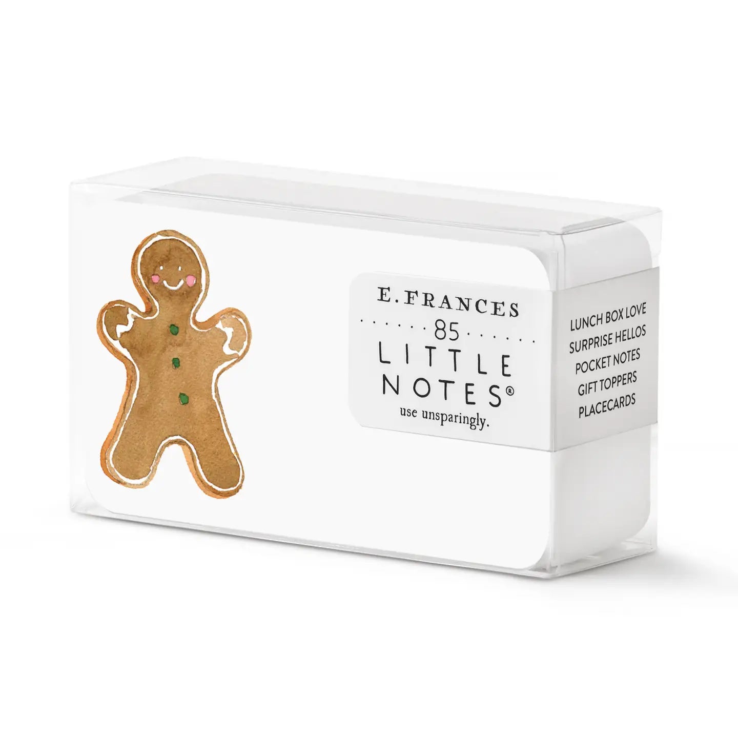 Box of white little notes featuring a brown gingerbread illustration 