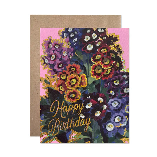 Greeting card with floral design and 'Happy Birthday' text on a pink background