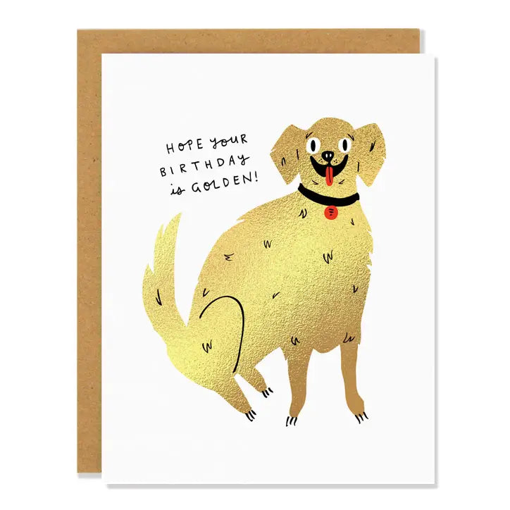 Birthday card with a golden dog illustration and text 'Hope your birthday is golden!' on a white background.