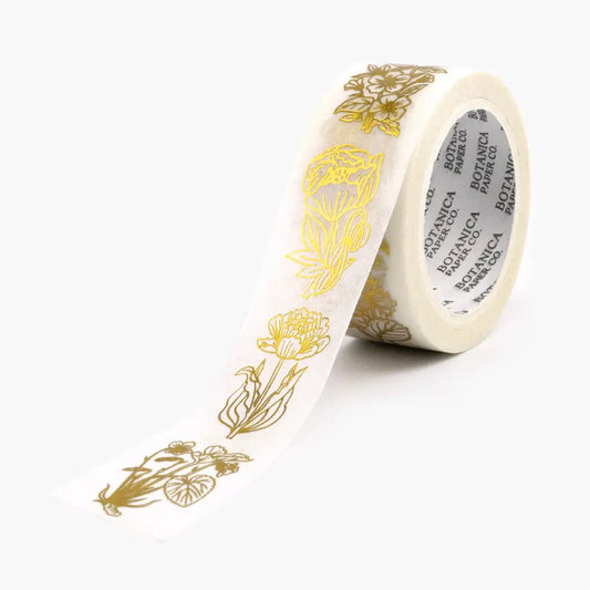 Roll of decorative washi tape with gold botanical designs 