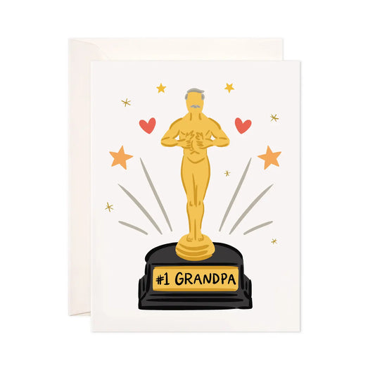 White greeting card with an illustration of a trophy. Text on base of trophy: #1 grandpa 