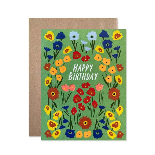 Colorful floral birthday card with 'Happy Birthday' text on a green background