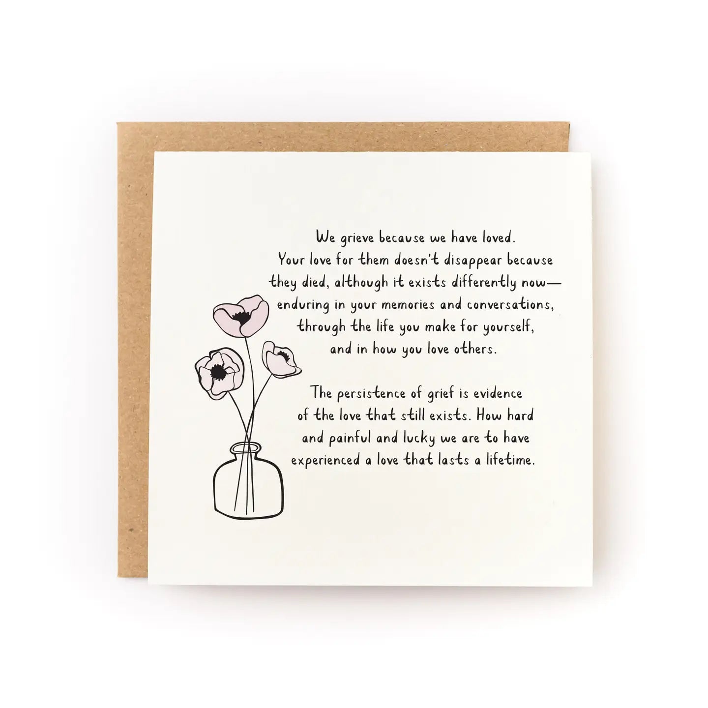 Greeting card with floral vase design and text on a white background