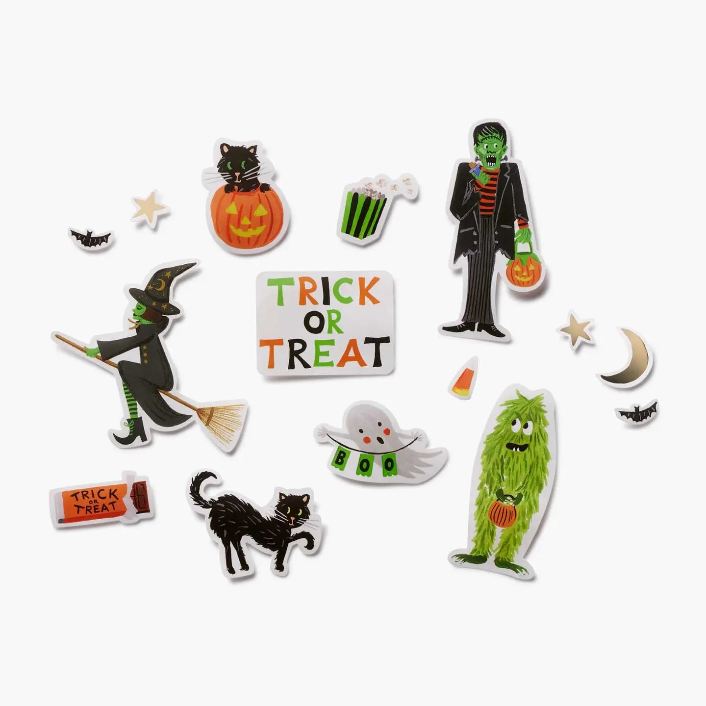 Set of Halloween-themed stickers including a witch, cat, ghost, and other characters