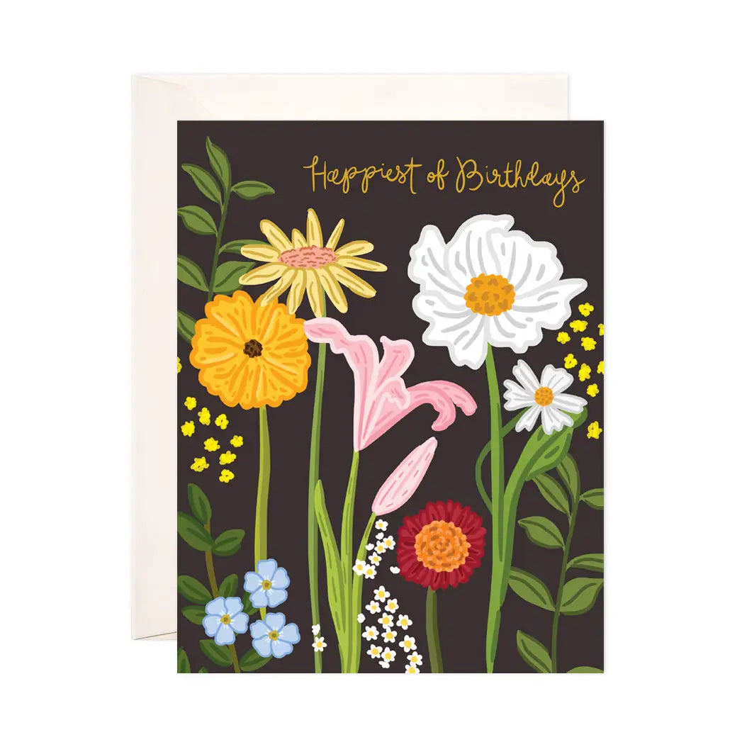 Greeting card with colorful flowers and 'Happiest of Birthdays' text on a black background