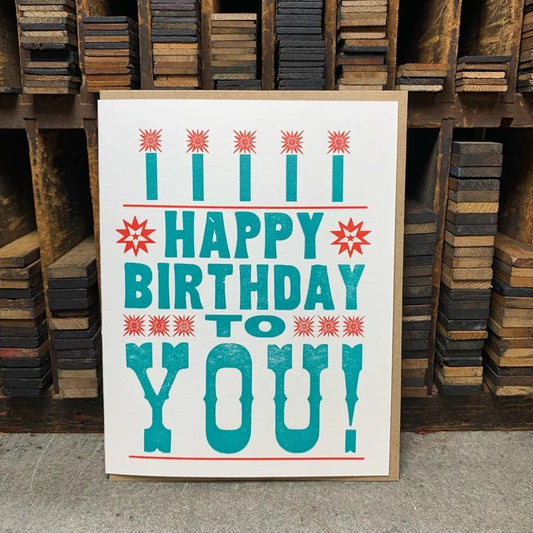 White greeting card with blue text: happy birthday to you! 