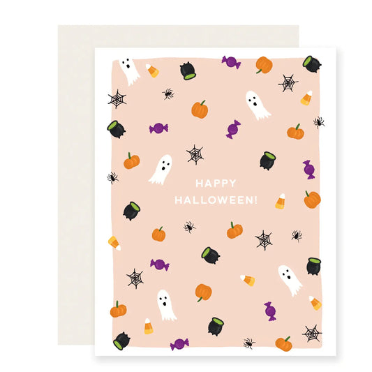White card with light orange background. Illustrations of ghosts, pumpkins, candy, spiderwebs, and cauldrons. "happy halloween!" in white text. 