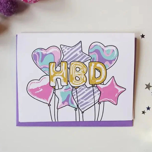 Greeting card with 'HBD' balloons on a white background