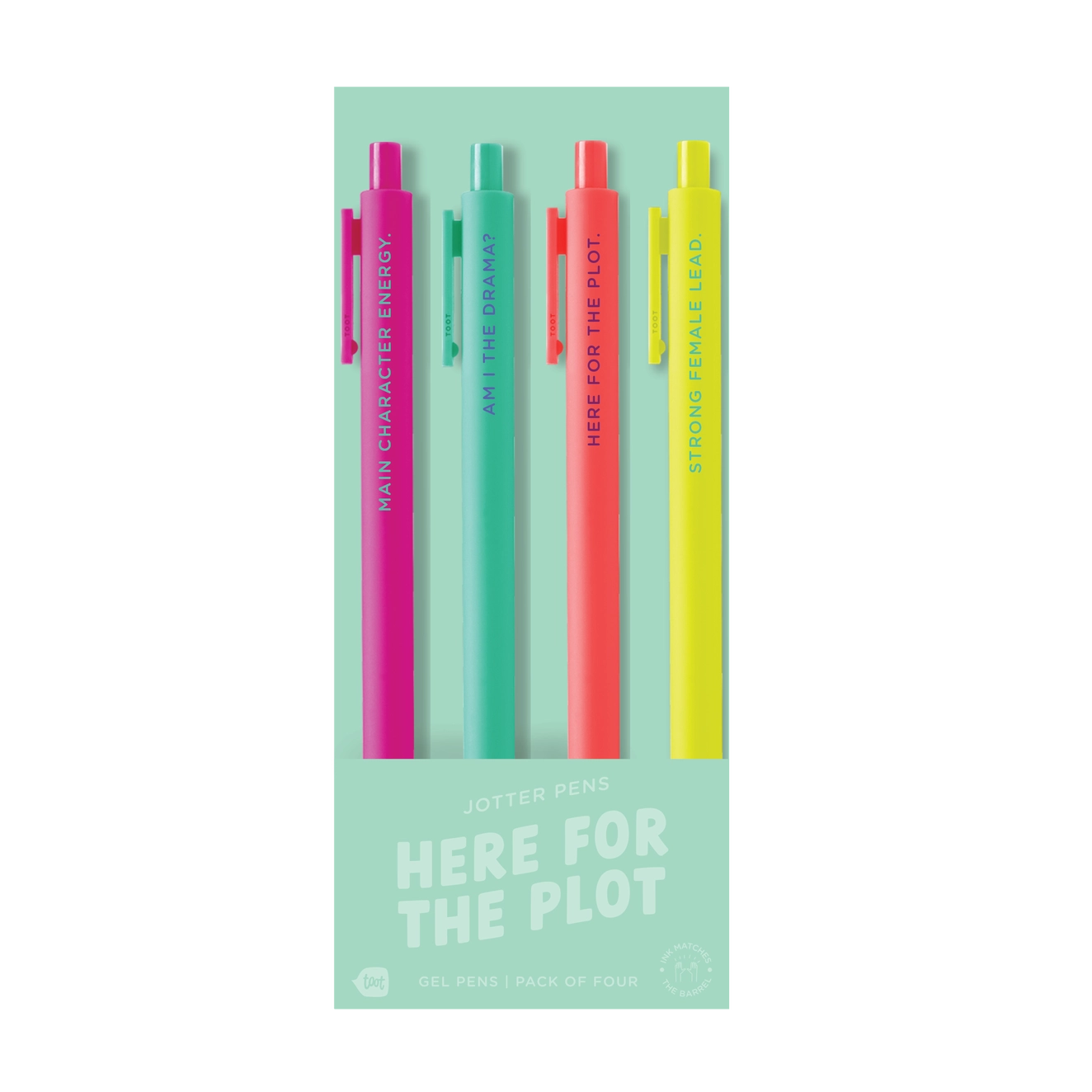 Set of four colorful pens in green packaging