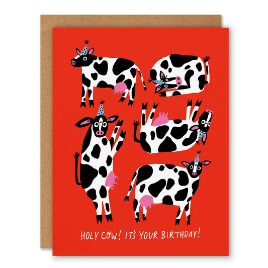 Birthday card with cartoon cows on a red background. White text: holy cow! It’s your birthday! 