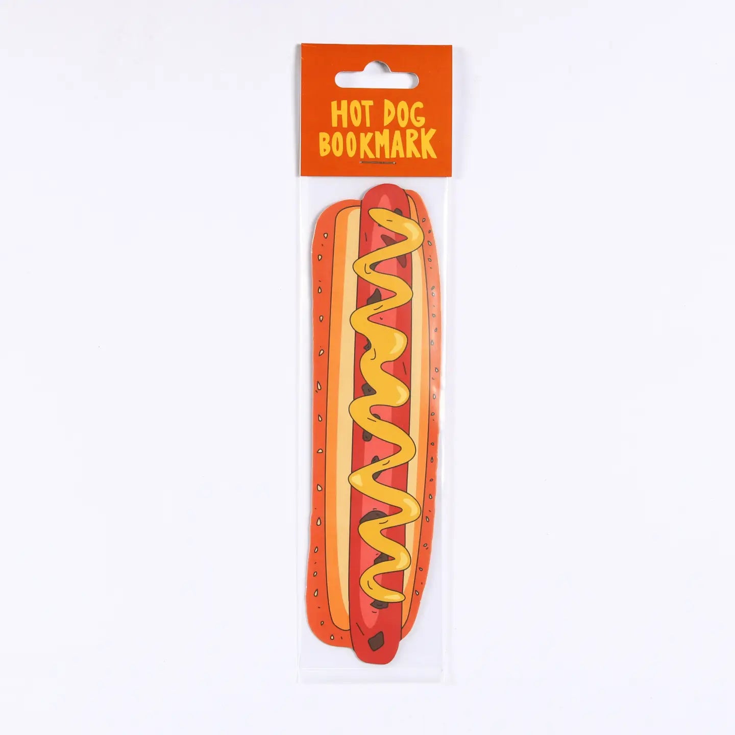 Hot dog-shaped bookmark with mustard on a white background