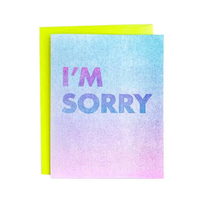 Blue and purple gradient card. Purple text reads "I'm sorry" 