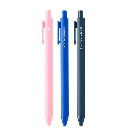 Three pens: pink, blue, and navy 