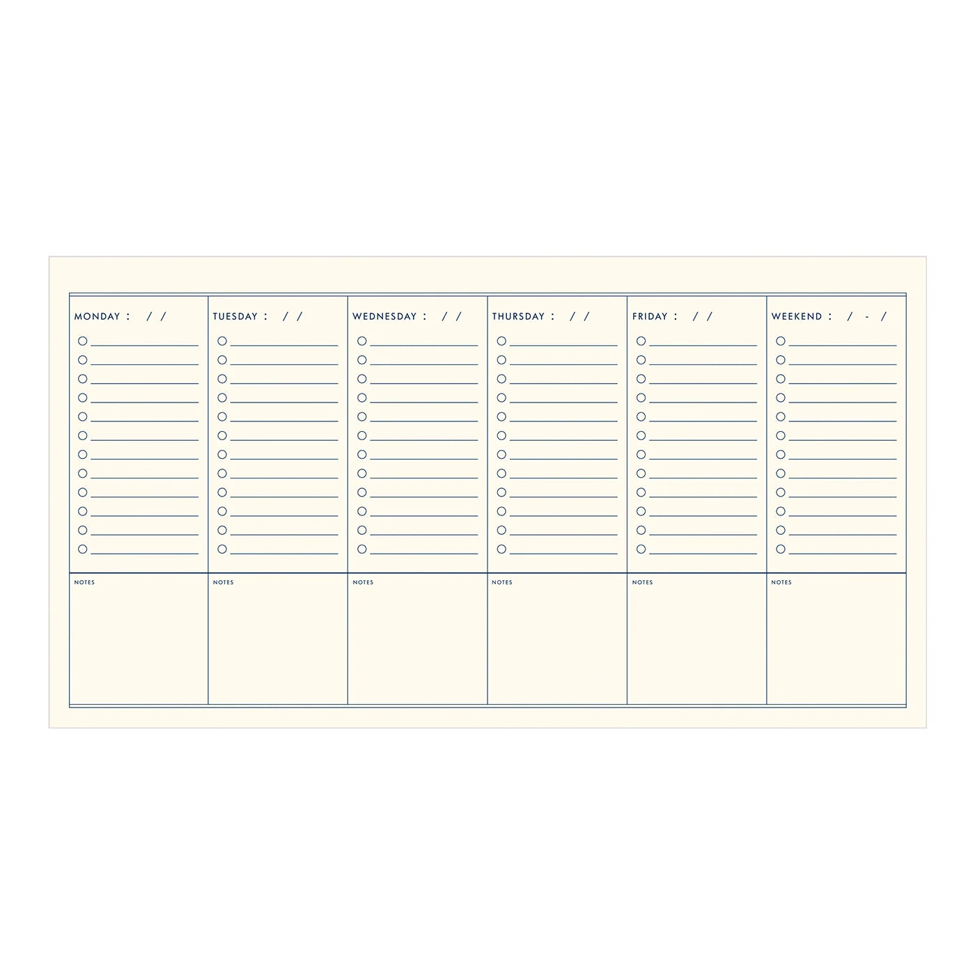 Inside view of planner, seven vertical checklists for each day of the week  