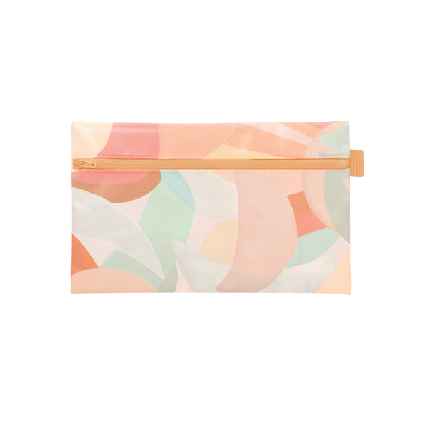Top view of pencil case with shades of pink, yellow, and teal shapes. 