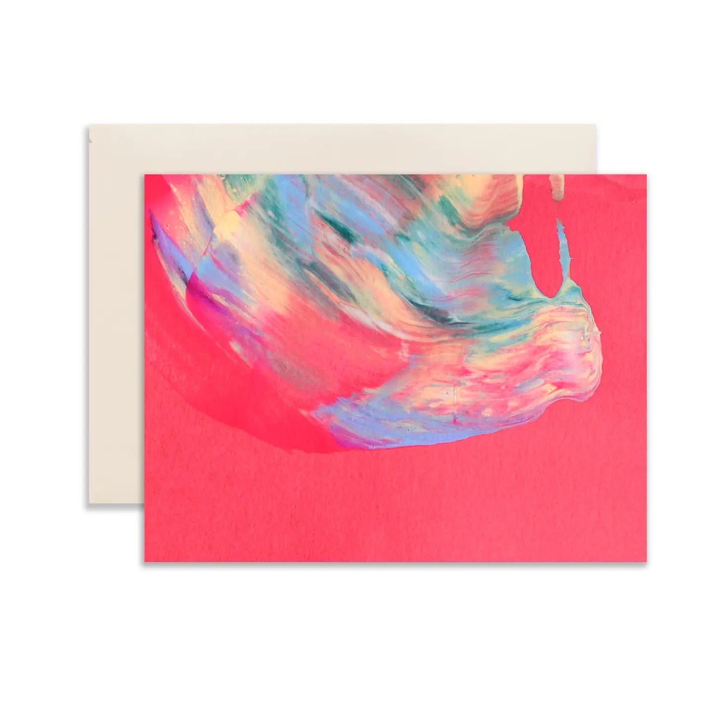 Red pink card with blue, pink, yellow paint smear pattern 